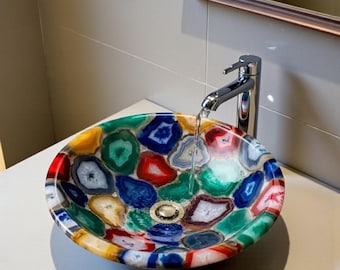 Lavandino in pietra di agata mista fatto a mano / Arredo bagno di lusso