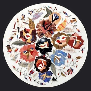Multicolor White Marble Corner Side Table Top Round Coffee Table Countertop Desk Semi Precious Inlay Marquetry Art Garden Decors