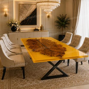 Table basse sur mesure en résine époxy jaune, meuble de salle à manger en bois fait main, design moderne, idéale pour un couloir ou un intérieur.