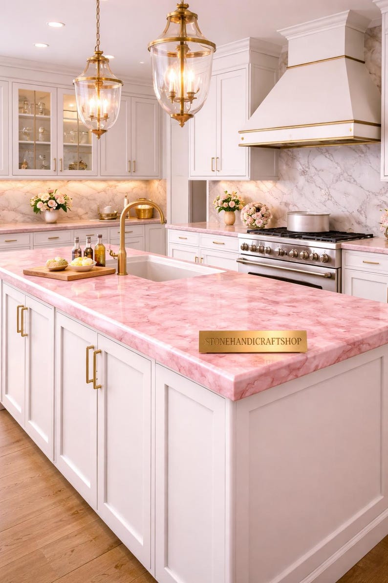 May include: A luxurious kitchen with white cabinetry, gold hardware, and a pink marble countertop. Two gold pendant lights hang above the island. The kitchen features a sink, stove, and a marble backsplash. The countertop has the text "STONEHANDICRAFTSHOP".