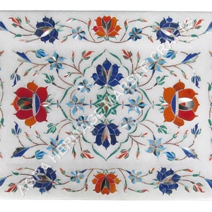 White Marble Tray Multi Precious Inlay Floral Marquetry Design Kitchen Gift Decor