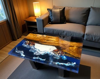 Handmade Ocean Epoxy Resin Coffee Table, Olive Wood Centerpiece
