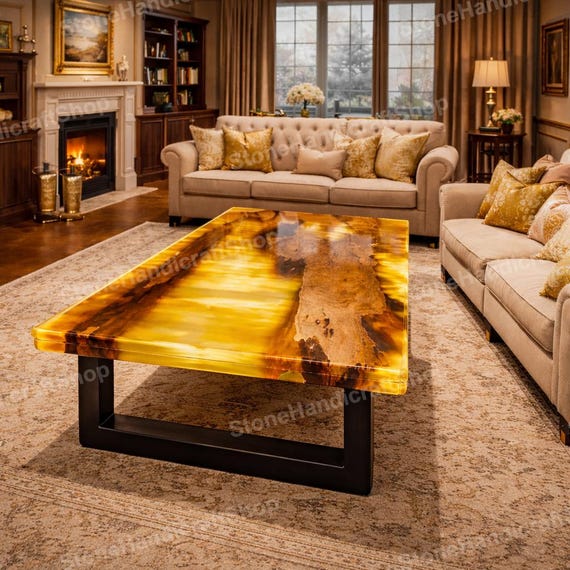 Luxury Epoxy Resin Coffee Table with Amber Finish & Black Iron U Base, Modern Living Room Furniture