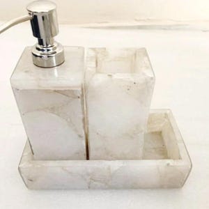 White Quartz Stone Bathroom Set, Handmade Bathroom Accessories Set of 3 Pcs, Soap Dispenser, Toothbrush Holder, Tray, Luxury Bathroom Decor
