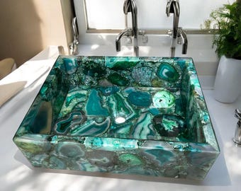 Green Agate Stone Sink Wash Basin Handmade Kitchen Vessel Sink Countertop Home Improvement Wash Basin Kitchen & Bathroom Decor