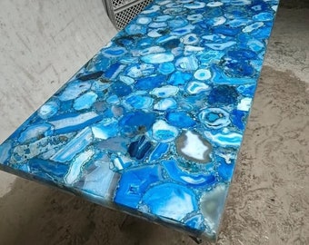 Mesa de piedra de ágata azul, losa de encimera de ágata, artes modernas de mediados de siglo, pieza central de ágata, decoración del hogar