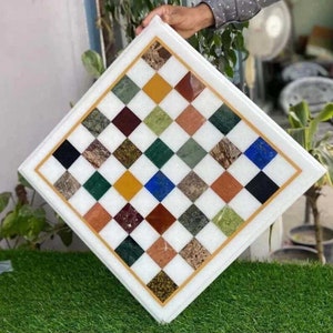 White Marble Chess Board Table Top Handmade Inlaid Semi Precious Multi Stone Coffee Table Adults Playing Room Indoor Games Unique Best Gifts
