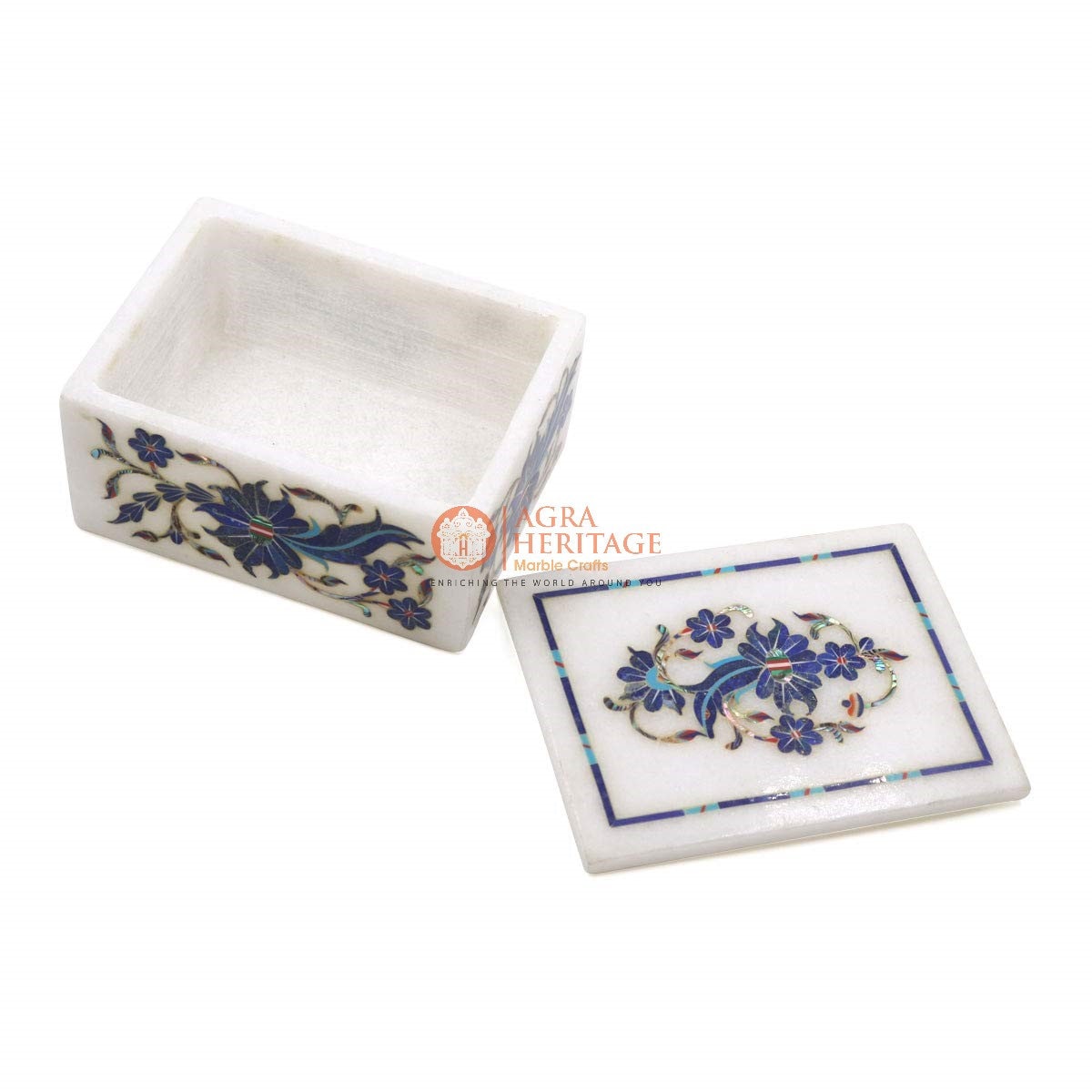 ホワイトマーブルラピスラズリ象嵌フローラル寄木細工アートジュエリー