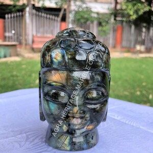 Tête de bouddha semi-précieuse en labradorite, figurine bouddhiste convoitée à la main, pièce maîtresse unique, cadeaux décoratifs