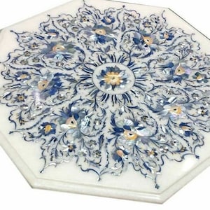 12" White Marble Table Top Octagon Shape Coffee Table with Semiprecious Blue MOP Inlaid Floral Arts Handmade Furniture for Home Decors