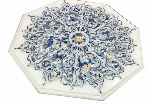 Handmade White Marble Table Top: Octagon with Blue MOP Floral Inlay (24")