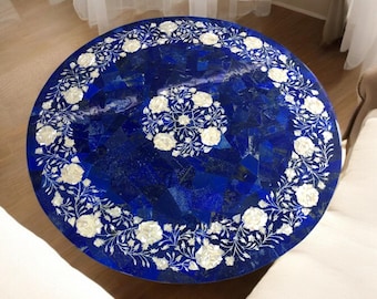 Lapis Lazuli Marble Table Top: Handmade Gemstone Inlay Coffee Table