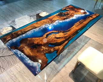 Acacia Wooden Blue Epoxy Table-Dining-Living-Kitchen-Office-Coffee-Design Resin Table- Transparenter Epoxid-Tisch aus schwarzem Walnussholz
