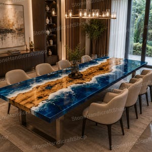 Ocean Epoxy Resin Dining Table – Live Edge Wood Furniture Decor