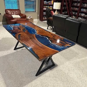 Ocean Blue Epoxy Resin Dining Table Top Kitchen Slab Countertop Desk Office Meeting River Luxury Handmade Furniture Home & Outdoor Decors