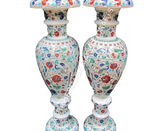 Set of 2 White Marble Flower Vase Peacock Floral Multi Inlay Marquetry Design Housewarming Gift Decor