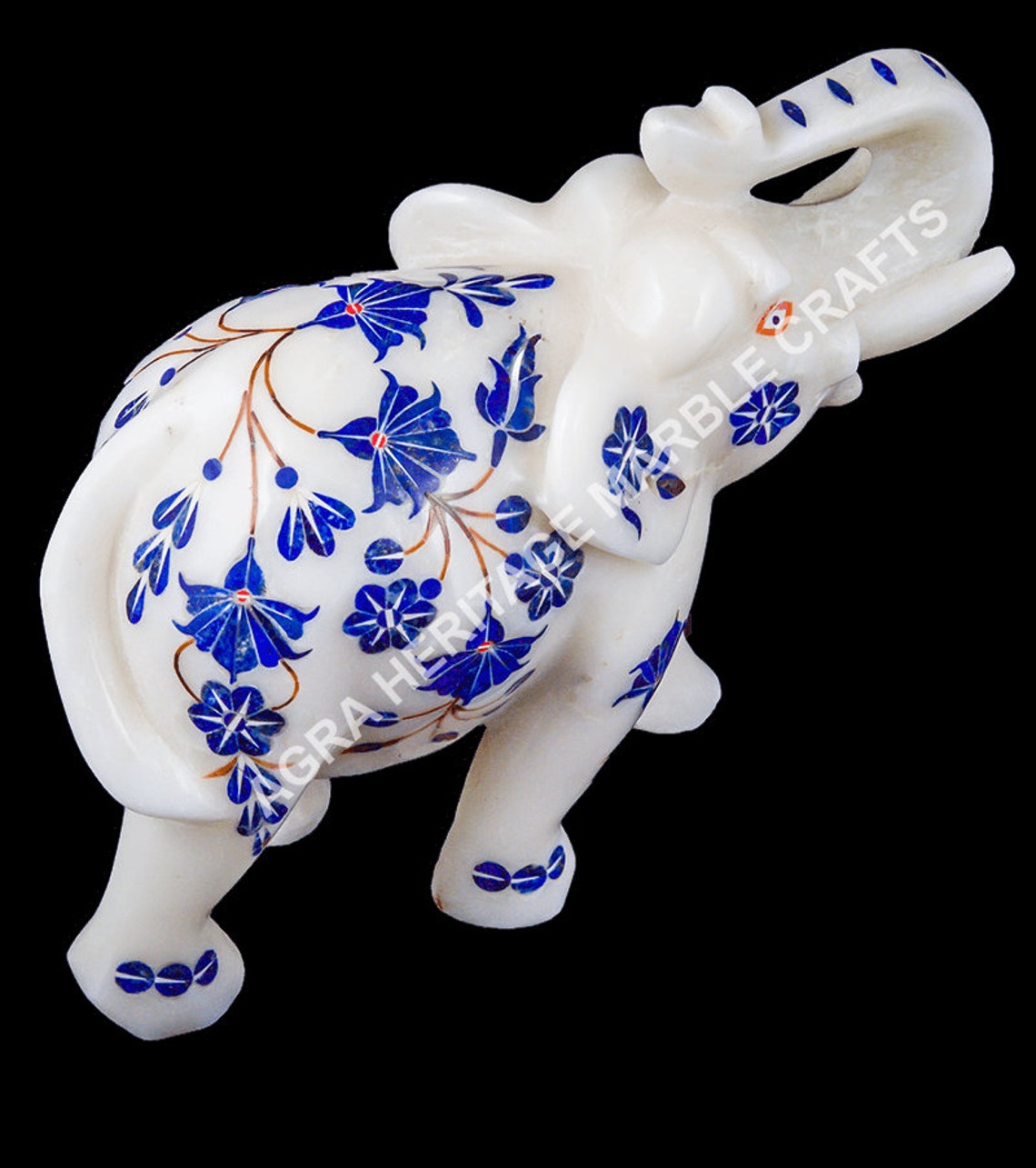 White Marble Elephant Trunk Up Figurine Lapis Lazuli Inlay Etsy