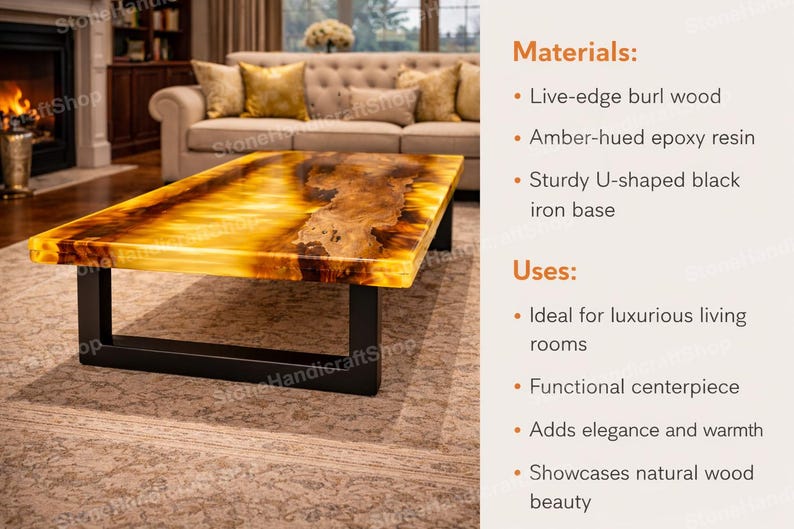 May include: A rectangular coffee table with a live-edge burl wood top and amber-hued epoxy resin. It has a sturdy U-shaped black iron base. The table is a functional centerpiece for a living room.