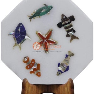 6&quot;x6&quot; White Marble Wall Decor Tile Multi Stone Fish Decorative  Art