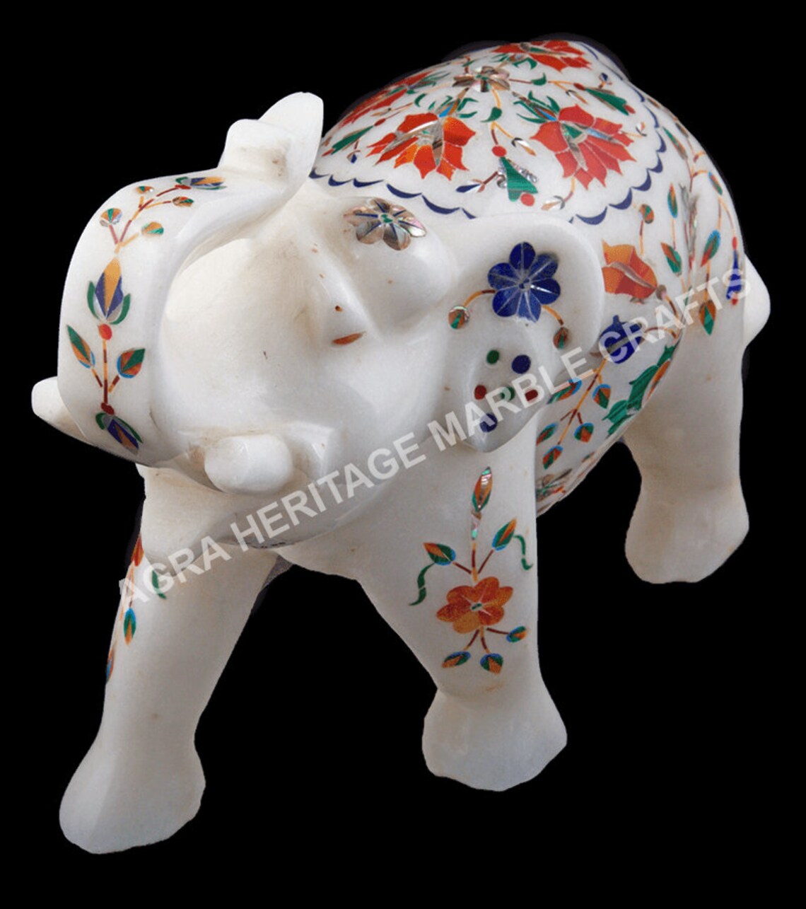 White Marble Elephant Sculpture Multi Inlay Marquetry Floral Etsy