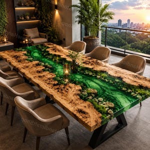 Puede incluir: Una mesa de comedor rectangular con un tablero de madera de borde natural y un diseño de río central hecho de resina verde translúcida. La sección de resina contiene piedras incrustadas y texturas similares al musgo. Base de metal negro.