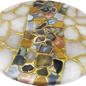 White Agate with Multi Gemstone Coffee Table Top Round Shape Console Bar Luxury Sofa Center Modern Arts Balcony & Garden Furniture Decors