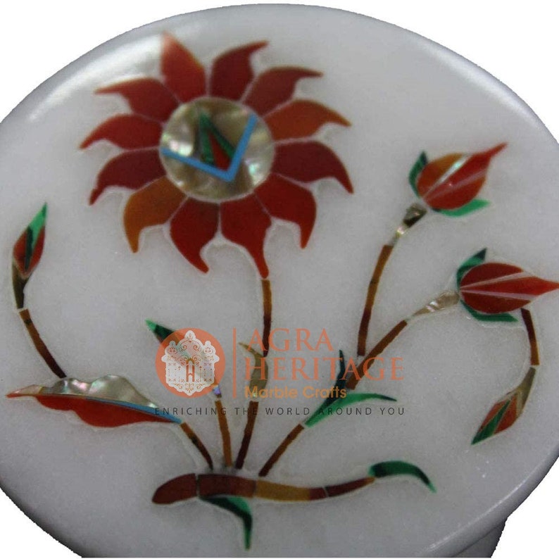 2x2 Marble White Handmade Trinket Ring Box Carnelian Floral Marquetry Art Veterans Gift