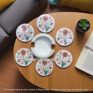 Unique Marble Inlay Coaster Set Drink & Barware Coffee Tea Coasters Floral Design Semi Precious Stone