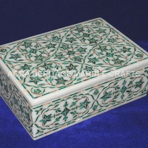 8"x6"x3" Marble White Storage Rectangle Jewelry Box Malachite Pietra Dura Stone Inlay Design Decor Gift