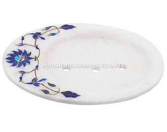 White Marble Soap Dish Holder Lapis Lazuli Inlay Floral Design Home Decor