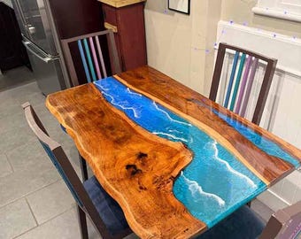 アカシア材リバーダイニングテーブル：オーシャンブルーエポキシ塗装