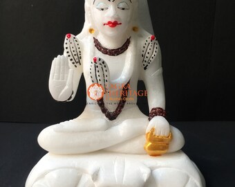 7.5" Marble White Idol Mahadev Shiv Ji Sculpture Handpainted Design Collectible Temple Decor Gift