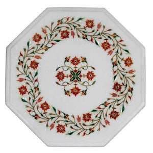 White Marble Inlay Table Top Semi Precious Carnelian Gemstone Inlay Floral Design Pietra Dura Art Handmade Work Home & Garden Decors