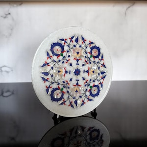 9&quot; White Marble Bowl Serving Platter Replica Mosaic Inlaid Art Patio