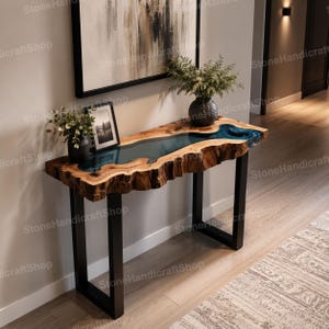 Mesa consola de epoxi con borde vivo hecha a mano, muebles de madera maciza personalizados