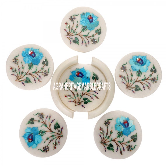 インド　大理石コースター インド産大理石コースターセット：ターコイズフローラルインレイ
