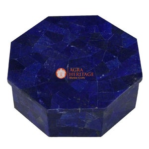 Octagon Blue Marble Lapis Lazuli Stone Jewelry Storage Trinket Box Handmade Inlay Work Stone Gemstone Arts Decor Thanksgiving Gift