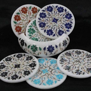 Coaster Set of 6 with Holder White Marble Inlay Coaster Perfect Gift for Your Home