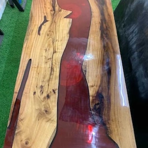 Red Epoxy Resin Table Top Live Edge Wood Dining Table Mid Century Modern Art Handmade Furniture Kitchen Slab Countertop Living Room Decors