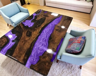 Handmade Purple Epoxy River Coffee Table: Custom Resin Wood Slab