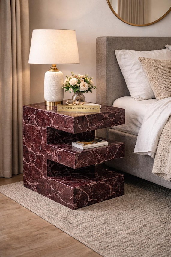 Handmade Red Levanto Marble Nightstand – Solid Stone Side Table for Elegant Bedroom Interior