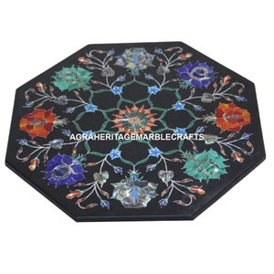 Decorative Marble Black Tiles Semi Precious Inlay Stone Floral Marquetry Design Housewarming Gift