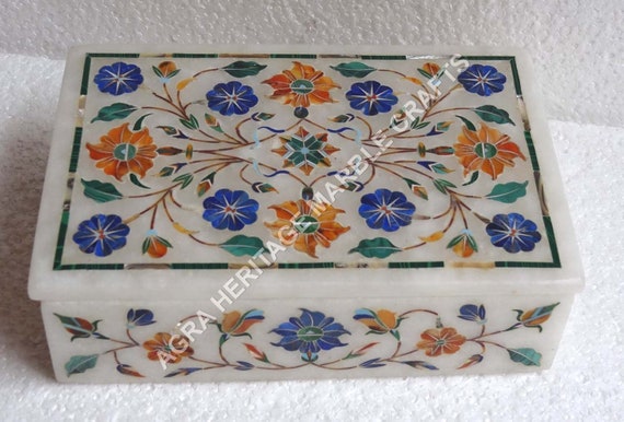 6x4x2 White Marble Jewelry Box Multi Semi Precious Gem Stones Floral Marquetry Inlay Wedding Gifts