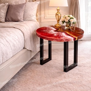 Red Epoxy Round Coffee Table, Corner Table, Wooden Handmade Furniture, Bedside Home interior, Living Room & Cafeteria Decor