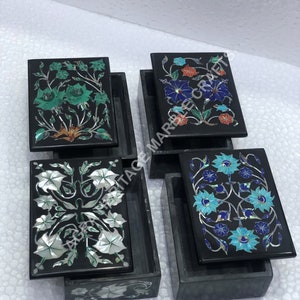 Schwarzer Marmor Schmuck Aufbewahrung Dekorative Box Floral Intarsien Inlay Design Thanksgiving Geschenk Dekor
