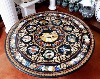 60" Black Marble Coffee Table: Pietra Dura Stone Inlay Centerpiece