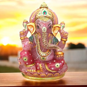 9&quot; Inch Tall Rose Quartz Gemstone Ganesh Sculpture & Figurines Hand Painted Hindu Religious God Sculpture Pooja Home Temple Decors