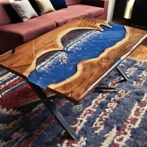 Blue Epoxy Ocean River Coffee Table: Wood & Resin Centerpiece