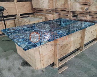 Ágata Azul Rectángulo Piedra Conferencia Encimera Mesa Comedor Encimera Decoración