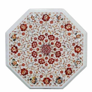 Handmade White Marble Table Top: Carnelian Inlay, Pietra Dura Art